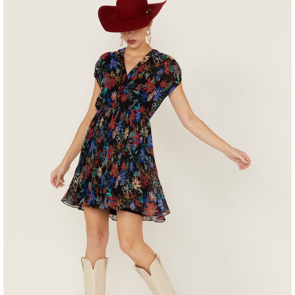 MOLLY BRACKEN WOMEN'S FLORAL PRINT PLEATED SHORT SLEEVE DRESS SMALL